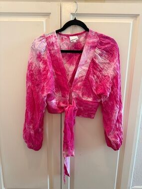 Skylar + Madison Hot Pink Tie-Dye Tie-Front Cropped Blouse